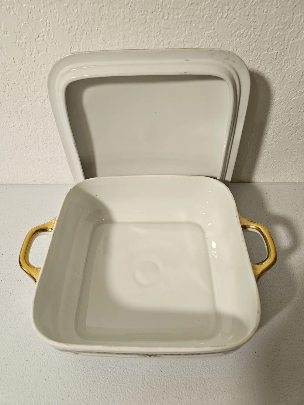 Epiag Square Antique Covered Casserole Dish w/ Lid Gold Handles Floral Czech